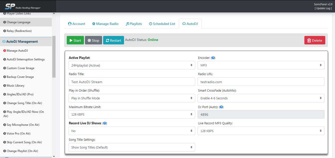 Sonic Panel - AutoDj Management